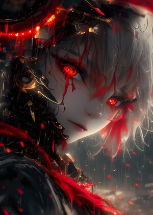 Deadly Anime Girl: Crimson Rain - Premium Wooden Framed Poster. Ready to Hang.