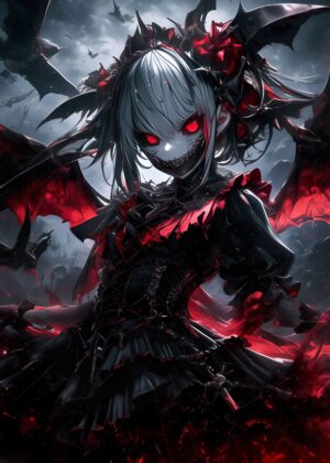 Dark Fantasy Anime Girl with Bat Wings - Premium Wooden Framed Poster. Ready to Hang.