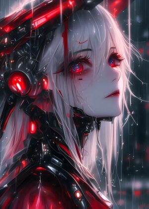 White Hair, Red Eyes: Anime Girl in the Rain - Premium Wooden Framed Poster. Ready to Hang.