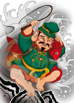 Ebisu, the Japanese God of Fishing: A Vibrant Artistic Depiction - Premium Wooden Framed Poster. Ready to Hang.