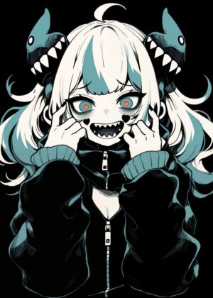 Anime Monster Girl Art Print: Dark Kawaii Aesthetic - Premium Wooden Framed Poster. Ready to Hang.