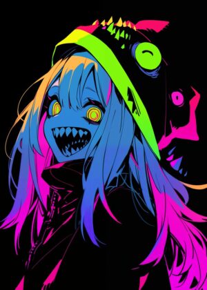 Neon Monster Girl Anime Art Print - Premium Wooden Framed Poster. Ready to Hang.