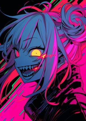Neon Nightmare: Anime Monster Girl Art Print - Premium Wooden Framed Poster. Ready to Hang.