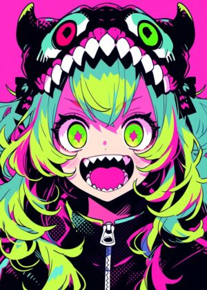 Neon Nightmare: Anime Monster Girl Art Print - Premium Wooden Framed Poster. Ready to Hang.