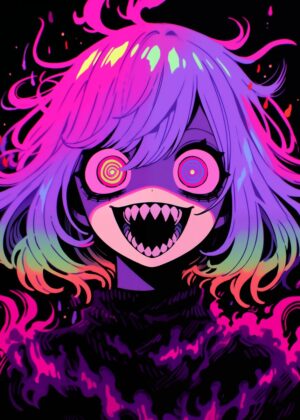 Neon Nightmare: Anime Monster Girl Art Print - Premium Wooden Framed Poster. Ready to Hang.