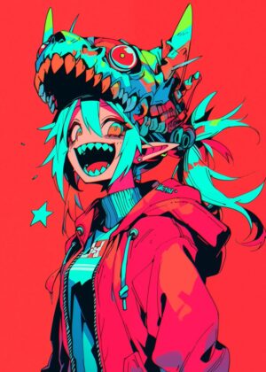 Vibrant Anime Monster Girl Art Print - Premium Wooden Framed Poster. Ready to Hang.