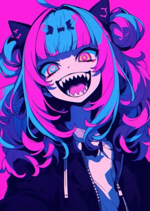 Neon Nightmare: Anime Monster Girl Art Print - Premium Wooden Framed Poster. Ready to Hang.