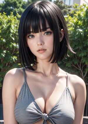 Stunning Asian Woman with Bob Haircut - Premium Wooden Framed Poster. Ready to Hang.
