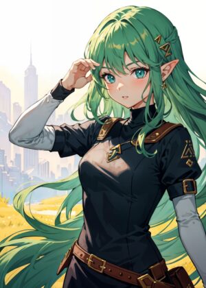 Anime Elf Girl: Green Hair, Cityscape Background - Premium Wooden Framed Poster. Ready to Hang.