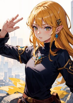 Anime Elf Girl: Golden Locks and City Views - Premium Wooden Framed Poster. Ready to Hang.