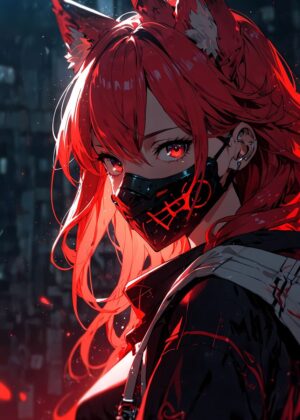 Kitsune Fox Girl: Fiery Red Anime Art Print - Premium Wooden Framed Poster. Ready to Hang.