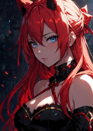 Fiery Kitsune: Anime Fox Girl Art Print - Premium Wooden Framed Poster. Ready to Hang.
