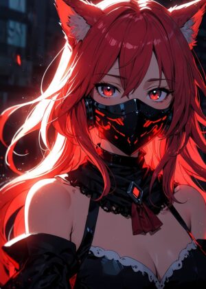Fiery Kitsune: Anime Girl Art Print - Premium Wooden Framed Poster. Ready to Hang.