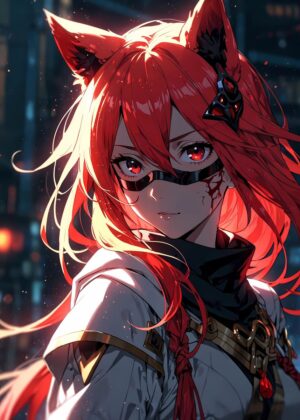Fiery Kitsune: Anime Fox Girl Art Print - Premium Wooden Framed Poster. Ready to Hang.