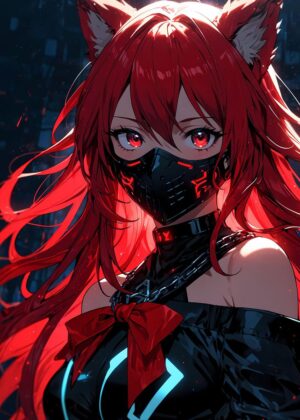 Fiery Kitsune: Anime Girl Art Print - Premium Wooden Framed Poster. Ready to Hang.