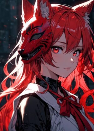 Kitsune Fox Girl: Fiery Red Hair and Mystical Mask - Premium Wooden Framed Poster. Ready to Hang.