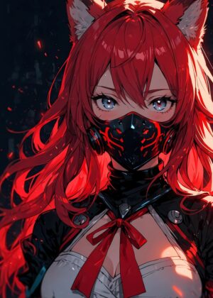 Fiery Kitsune: Anime Girl Art Print - Premium Wooden Framed Poster. Ready to Hang.