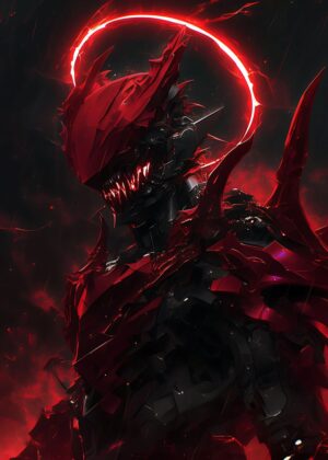 Crimson Rage: Demon Samurai Anime Art Print - Premium Wooden Framed Poster. Ready to Hang.
