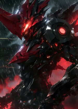 Anime Red Samurai: Rain-Soaked Power - Premium Wooden Framed Poster. Ready to Hang.