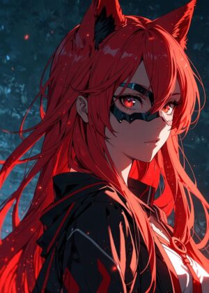Fiery Kitsune: Anime Girl Art Print - Premium Wooden Framed Poster. Ready to Hang.
