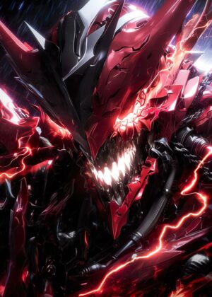 Metallic Demon Lord: Fiery Digital Artwork - Premium Wooden Framed Poster. Ready to Hang.
