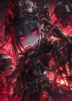 Demon Anime Skull Lady: Dark Fantasy Art Print - Premium Wooden Framed Poster. Ready to Hang.