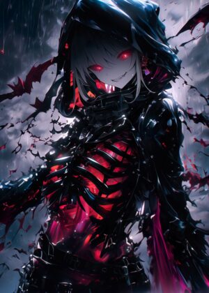 Skeleton Gothic Girl Anime Art Print - Premium Wooden Framed Poster. Ready to Hang.