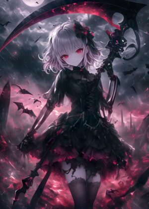 Demon Grim Reaper Girl: Dark Fantasy Anime Art Print - Premium Wooden Framed Poster. Ready to Hang.