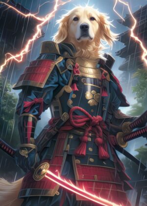 Samurai Golden Retriever: A Legendary Canine Warrior - Premium Wooden Framed Poster. Ready to Hang.