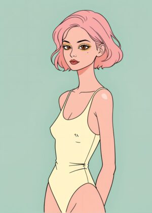 Stylish Pink-Haired Woman in a Yellow Swimsuit - Premium Wooden Framed Poster. Ready to Hang.