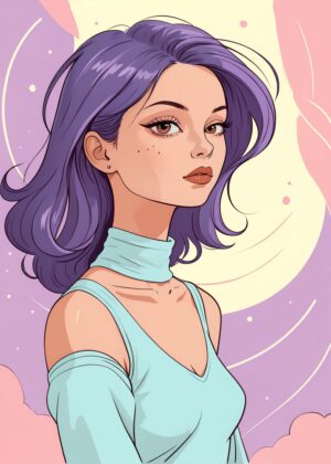 Purple Hair, Dreamy Sky: A Whimsical Art Print - Premium Wooden Framed Poster. Ready to Hang.