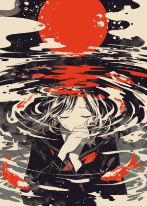 Submerged in Melancholy: An Anime Art Print - Premium Wooden Framed Poster. Ready to Hang.