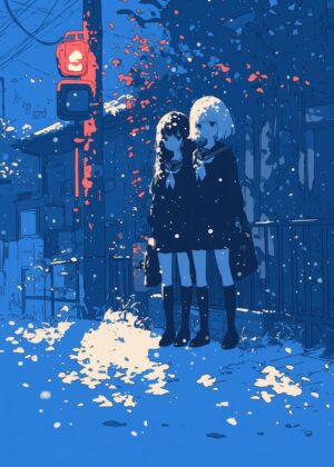 Winter's Embrace: Anime Girls in the Snow - Premium Wooden Framed Poster. Ready to Hang.