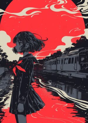 Crimson Reflections: A Melancholy Anime Artwork - Premium Wooden Framed Poster. Ready to Hang.