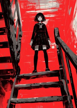 Crimson Stairwell: A Darkly Beautiful Anime-Inspired Artwork - Premium Wooden Framed Poster. Ready to Hang.