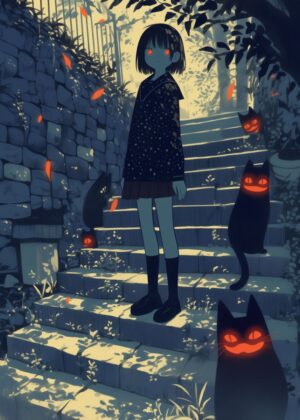 Abnormal Core: Mysterious Girl and Glowing Cats - Premium Wooden Framed Poster. Ready to Hang.
