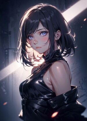 Anime Girl with Striking Blue Eyes in Dark Attire - Premium Wooden Framed Poster. Ready to Hang.