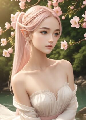 Pink-Haired Elf Girl in a Dreamy Spring Setting - Premium Wooden Framed Poster. Ready to Hang.