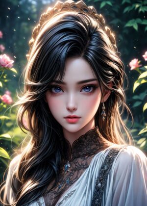 Elegant Asian Princess Digital Art Print - Premium Wooden Framed Poster. Ready to Hang.