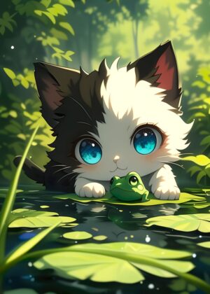 Adorable Black and White Kitten with Green Frog - Premium Wooden Framed Poster. Ready to Hang.