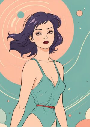 Summer Breeze: Retro Chic Illustration - Premium Wooden Framed Poster. Ready to Hang.