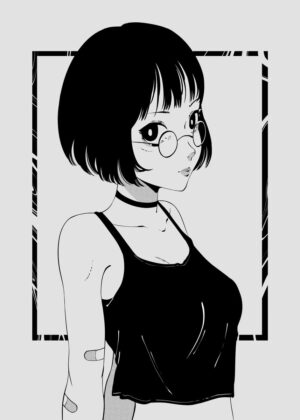 Anime Girl with Glasses: Black and White Art Print - Premium Wooden Framed Poster. Ready to Hang.