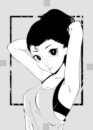 Anime Girl with Hair Tie: Stylish Black and White Art Print - Premium Wooden Framed Poster. Ready to Hang.