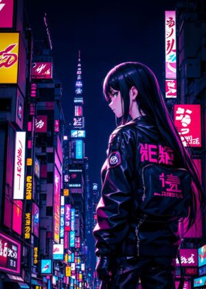 Anime Girl in Neon Tokyo Cyberpunk Cityscape - Premium Wooden Framed Poster. Ready to Hang.