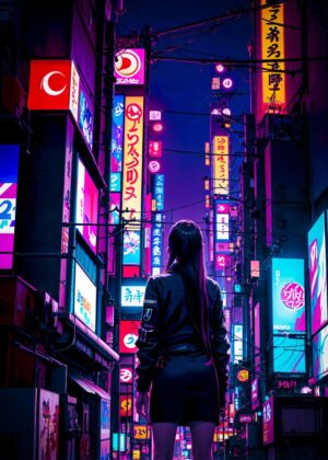 Cyberpunk Anime Girl in Tokyo's Neon Nights - Premium Wooden Framed Poster. Ready to Hang.