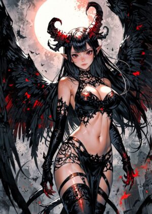 Dark Fantasy Anime Demon Girl Art Print - Premium Wooden Framed Poster. Ready to Hang.