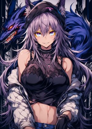 Anime City Girl with Monster Companion - Premium Wooden Framed Poster. Ready to Hang.