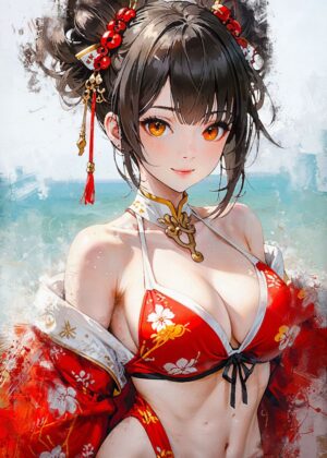 Summertime Beauty: Anime Girl in Red Swimsuit Artwork - Premium Wooden Framed Poster. Ready to Hang.
