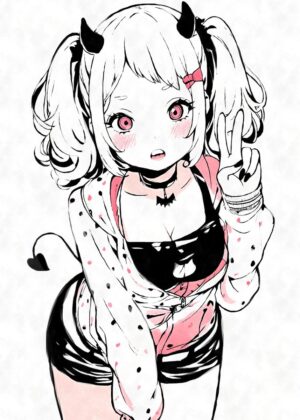 Kawaii Devil Anime Girl Art Print - Premium Wooden Framed Poster. Ready to Hang.