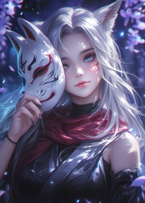 Masked Fox Night: Anime Art Print - Premium Wooden Framed Poster. Ready to Hang.